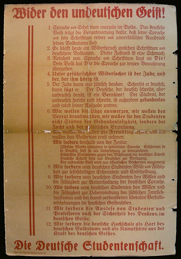 Flugblatt des NS-Studentenbundes, das 1933 zur Bücherverbrennung verbreitet wurde.